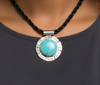 Vintage Mexican Sterling Silver Turquoise Round Greek Design Pendant - Sterling Silver Round Turquoise Cabochon Pendant with Greek Motif