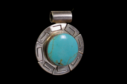 Vintage Mexican Sterling Silver Turquoise Round Greek Design Pendant - Sterling Silver Round Turquoise Cabochon Pendant with Greek Motif