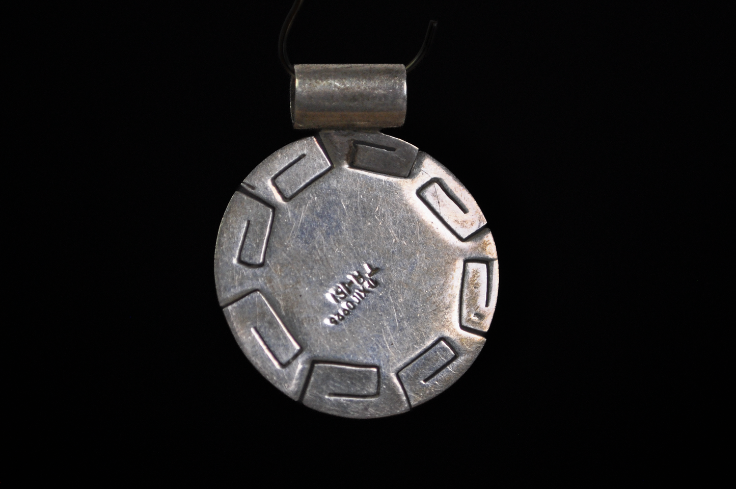 Vintage Mexican Sterling Silver Turquoise Round Greek Design Pendant - Sterling Silver Round Turquoise Cabochon Pendant with Greek Motif