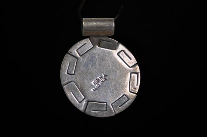 Vintage Mexican Sterling Silver Turquoise Round Greek Design Pendant - Sterling Silver Round Turquoise Cabochon Pendant with Greek Motif