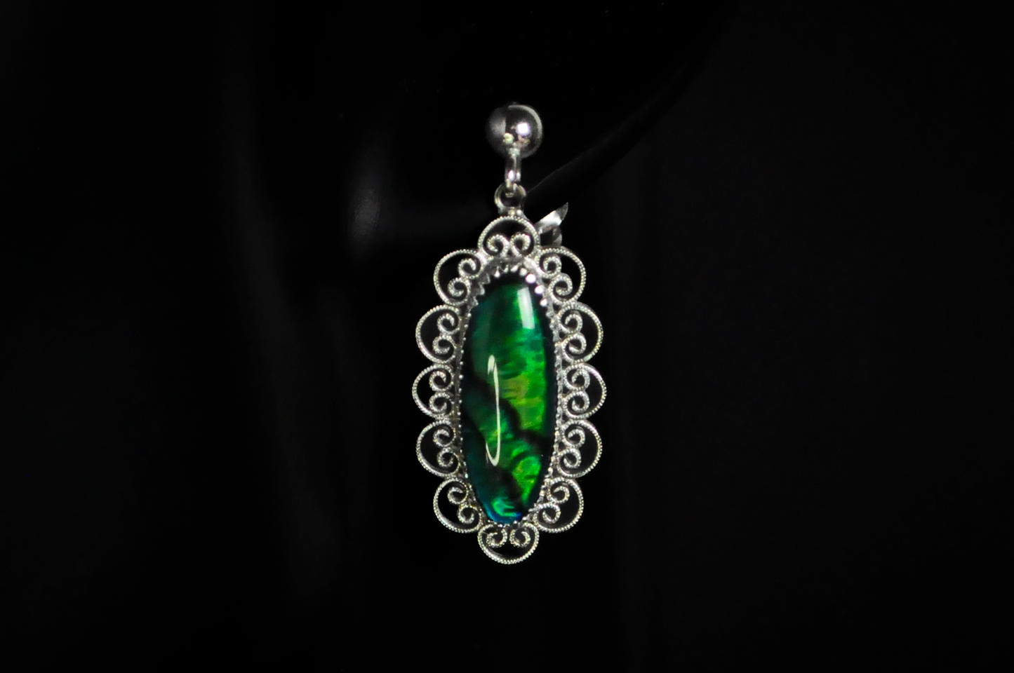 Vintage Paua Abalone Shell Silver Filigree Dangle Earrings - Abalone Paua Shell Dark Green Hue Filigree Dangle