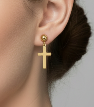 14K Yellow Gold Earrings Religious Cross Stud Dangles 0.8g - Vintage Dainty 14k Yellow Gold Cross Earrings 0.8g