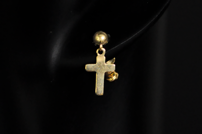 14K Yellow Gold Earrings Religious Cross Stud Dangles 0.8g - Vintage Dainty 14k Yellow Gold Cross Earrings 0.8g