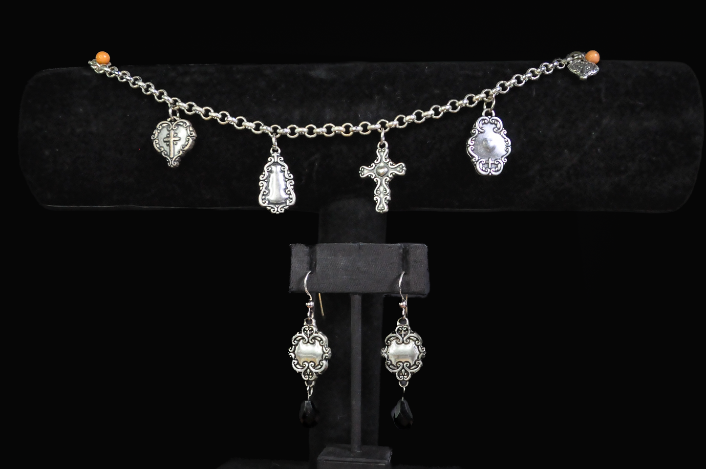 Vintage Blessing Jewelry Set Religious Charm Bracelet and Earrings - Blessing Antique Silver-Tone Charm Bracelet and Earring Set
