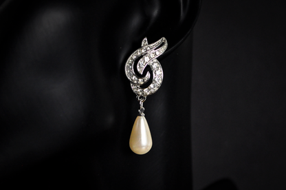 Vintage Signed Marvella Faux Pearl Necklace and Earring Set - Marvella Vintage Bridal Jewelry Set Pearl Rhinestone Choker and Teardrop Earrings
