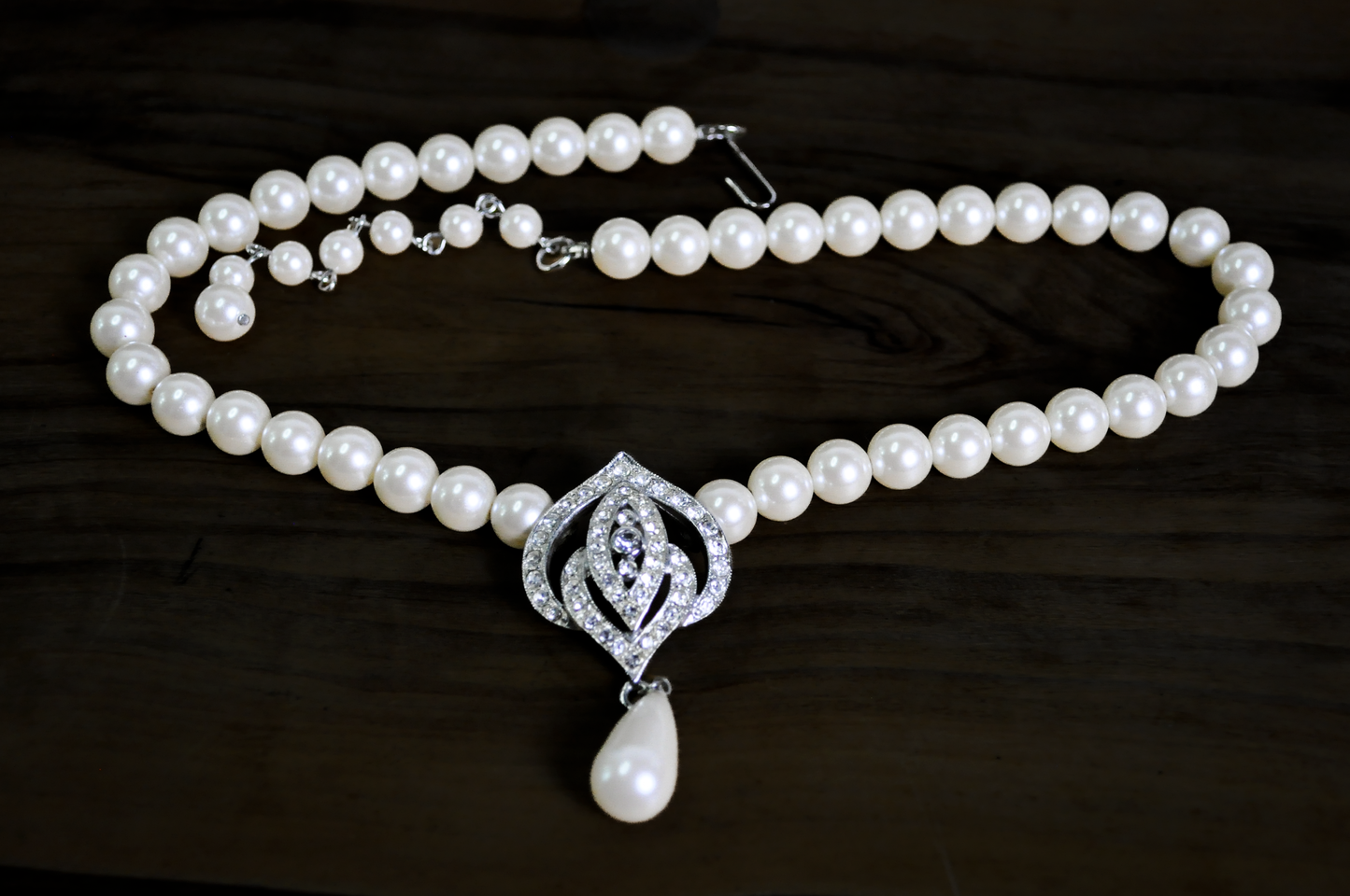 Vintage Signed Marvella Faux Pearl Necklace and Earring Set - Marvella Vintage Bridal Jewelry Set Pearl Rhinestone Choker and Teardrop Earrings