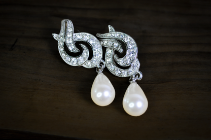 Vintage Signed Marvella Faux Pearl Necklace and Earring Set - Marvella Vintage Bridal Jewelry Set Pearl Rhinestone Choker and Teardrop Earrings