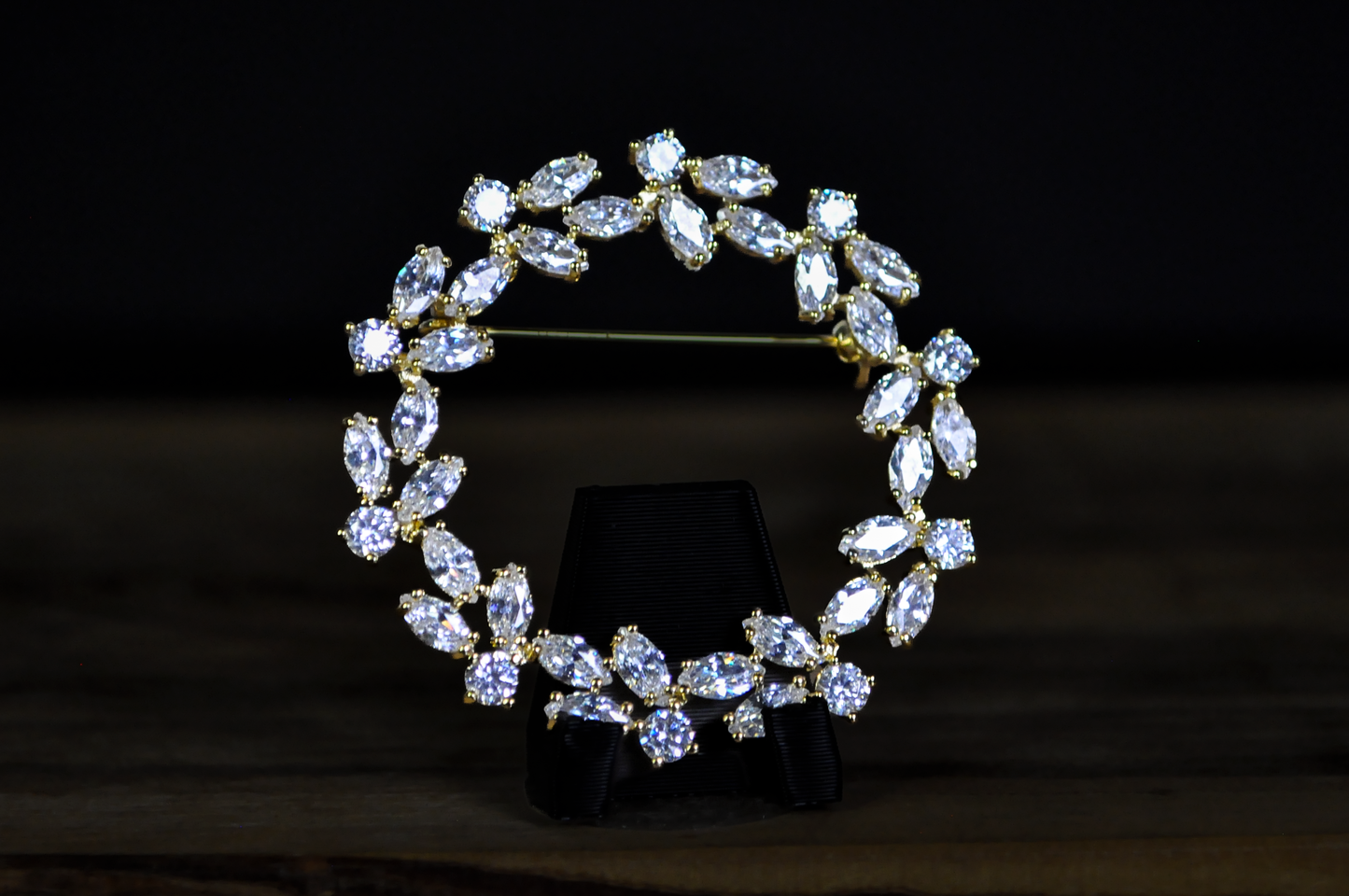 Vintage Wreath Brooch with Marquise Crystals - Vintage Gold Tone Floral Wreath Pin