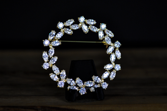 Vintage Wreath Brooch with Marquise Crystals - Vintage Gold Tone Floral Wreath Pin