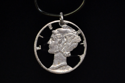 Hand-Cut 1943 Mercury Dime Pendant - 1943 Mercury Dime Cut-Out Charm Vintage Silver Coin Art Pendant