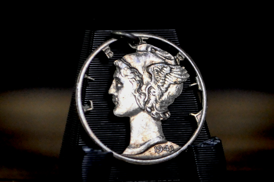 Hand-Cut 1943 Mercury Dime Pendant - 1943 Mercury Dime Cut-Out Charm Vintage Silver Coin Art Pendant