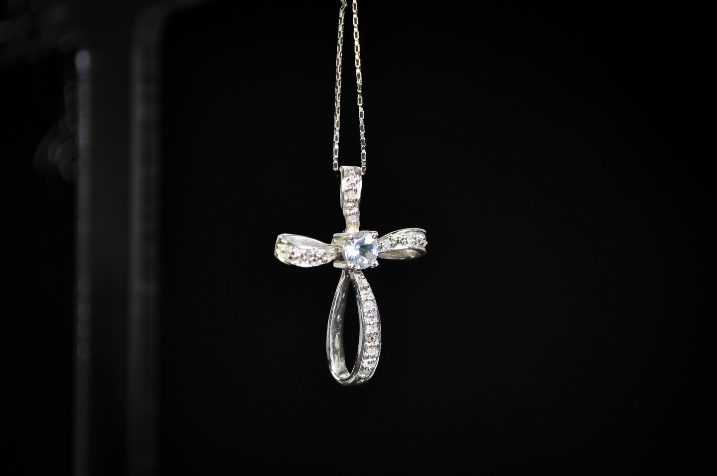 Belair "BIG" 14K Gold Aquamarine Cross Necklace Pendant 1.6g Vintage Religious - 14K White Gold Pinwheel Cross Pendant with Natural Aquamarine