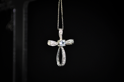 Belair "BIG" 14K Gold Aquamarine Cross Necklace Pendant 1.6g Vintage Religious - 14K White Gold Pinwheel Cross Pendant with Natural Aquamarine