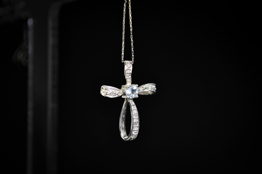Belair "BIG" 14K Gold Aquamarine Cross Necklace Pendant 1.6g Vintage Religious - 14K White Gold Pinwheel Cross Pendant with Natural Aquamarine