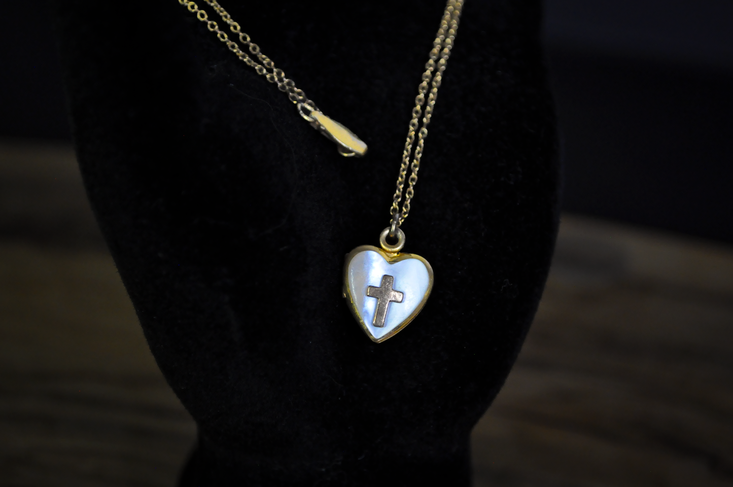 Religious Mother of Pearl Heart Locket with Gold Cross 12k GF Pendant and Original Matching Chain - Vintage 1/20 12k Gold Filled Heart Cross Locket with Original Chain