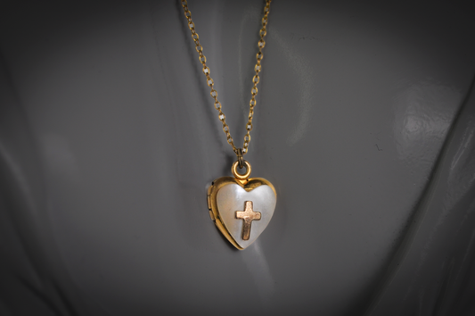 Religious Mother of Pearl Heart Locket with Gold Cross 12k GF Pendant and Original Matching Chain - Vintage 1/20 12k Gold Filled Heart Cross Locket with Original Chain