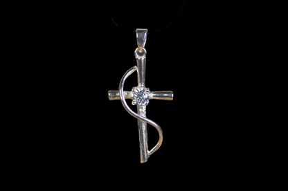 Vintage 925 Sterling Silver Cross Pendant with S-Swirl Accent and Round CZ Stone - SU 925 CH Hallmarked Sterling Silver Cross Pendant with Round Cut Crystal