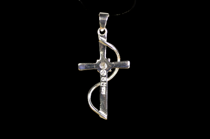 Vintage 925 Sterling Silver Cross Pendant with S-Swirl Accent and Round CZ Stone - SU 925 CH Hallmarked Sterling Silver Cross Pendant with Round Cut Crystal