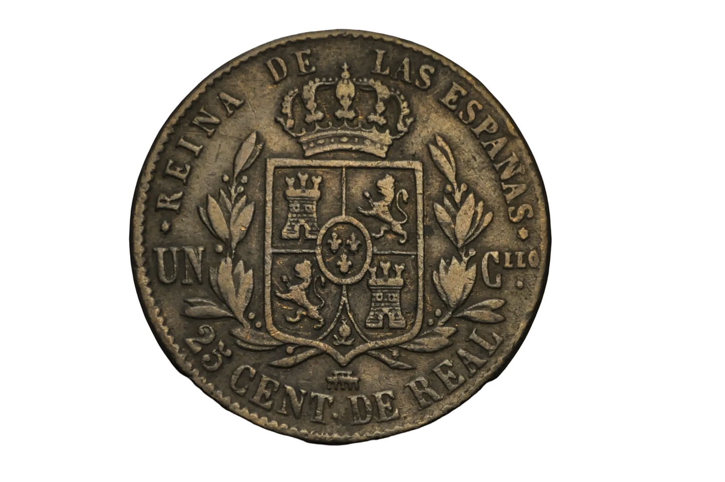 1861 25 Céntimos Queen Isabella II De Real Copper Coin - 25 Real Cents 1861 Queen Isabella II Coin