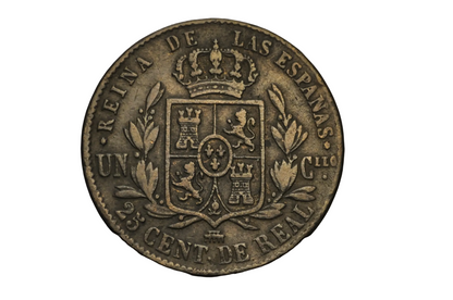 1861 25 Céntimos Queen Isabella II De Real Copper Coin - 25 Real Cents 1861 Queen Isabella II Coin