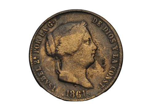 1861 25 Céntimos Queen Isabella II De Real Copper Coin - 25 Real Cents 1861 Queen Isabella II Coin