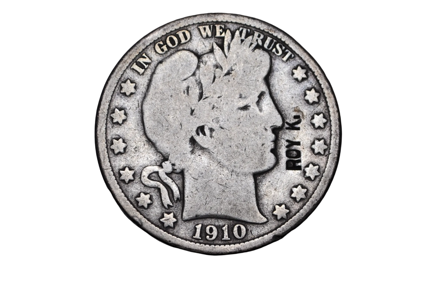 1910-S Barber Half Dollar Counter stamped "ROY K." - Antique Countermarked 1910 Barber Half Dollar