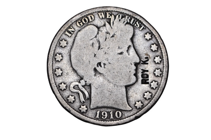 1910-S Barber Half Dollar Counter stamped "ROY K." - Antique Countermarked 1910 Barber Half Dollar