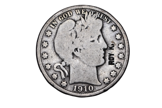 1910-S Barber Half Dollar Counter stamped "ROY K." - Antique Countermarked 1910 Barber Half Dollar