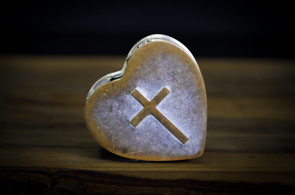 Vintage Heart-Shaped Silver-Tone Trinket Box with Raised Latin Cross - Religious Keepsake Box Heart Shaped with Purple Velvet Lining