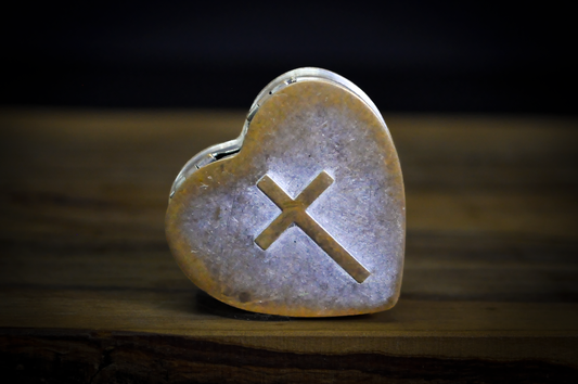 Vintage Heart-Shaped Silver-Tone Trinket Box with Raised Latin Cross - Religious Keepsake Box Heart Shaped with Purple Velvet Lining