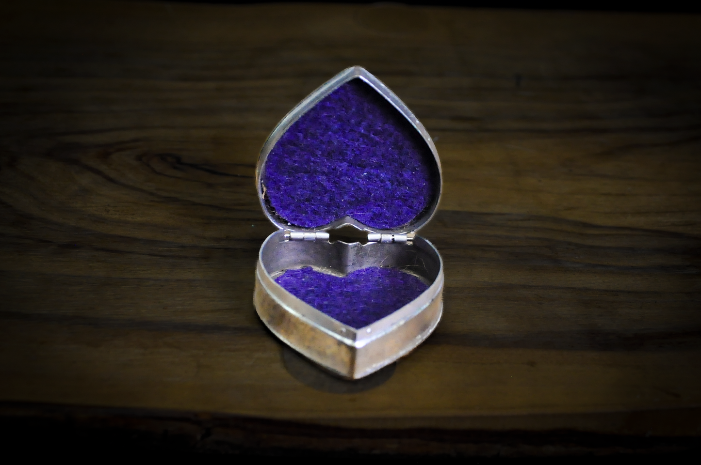 Vintage Heart-Shaped Silver-Tone Trinket Box with Raised Latin Cross - Religious Keepsake Box Heart Shaped with Purple Velvet Lining