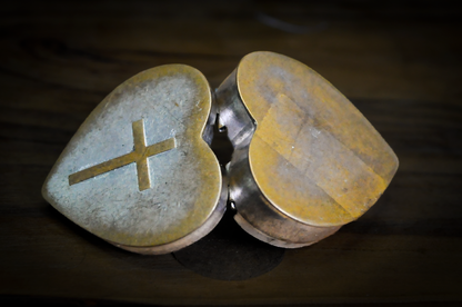 Vintage Heart-Shaped Silver-Tone Trinket Box with Raised Latin Cross - Religious Keepsake Box Heart Shaped with Purple Velvet Lining