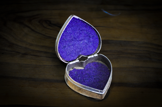 Vintage Heart-Shaped Silver-Tone Trinket Box with Raised Latin Cross - Religious Keepsake Box Heart Shaped with Purple Velvet Lining