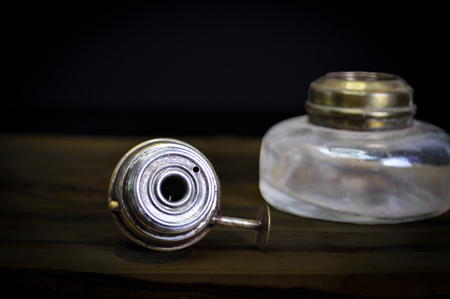 Antique Jeweler's Alcohol Spirit Lamp with Brass Burner and Snuffer Cap - Victorian Era Glass Reservoir Spirit Lamp with Attached Brass Snuffer