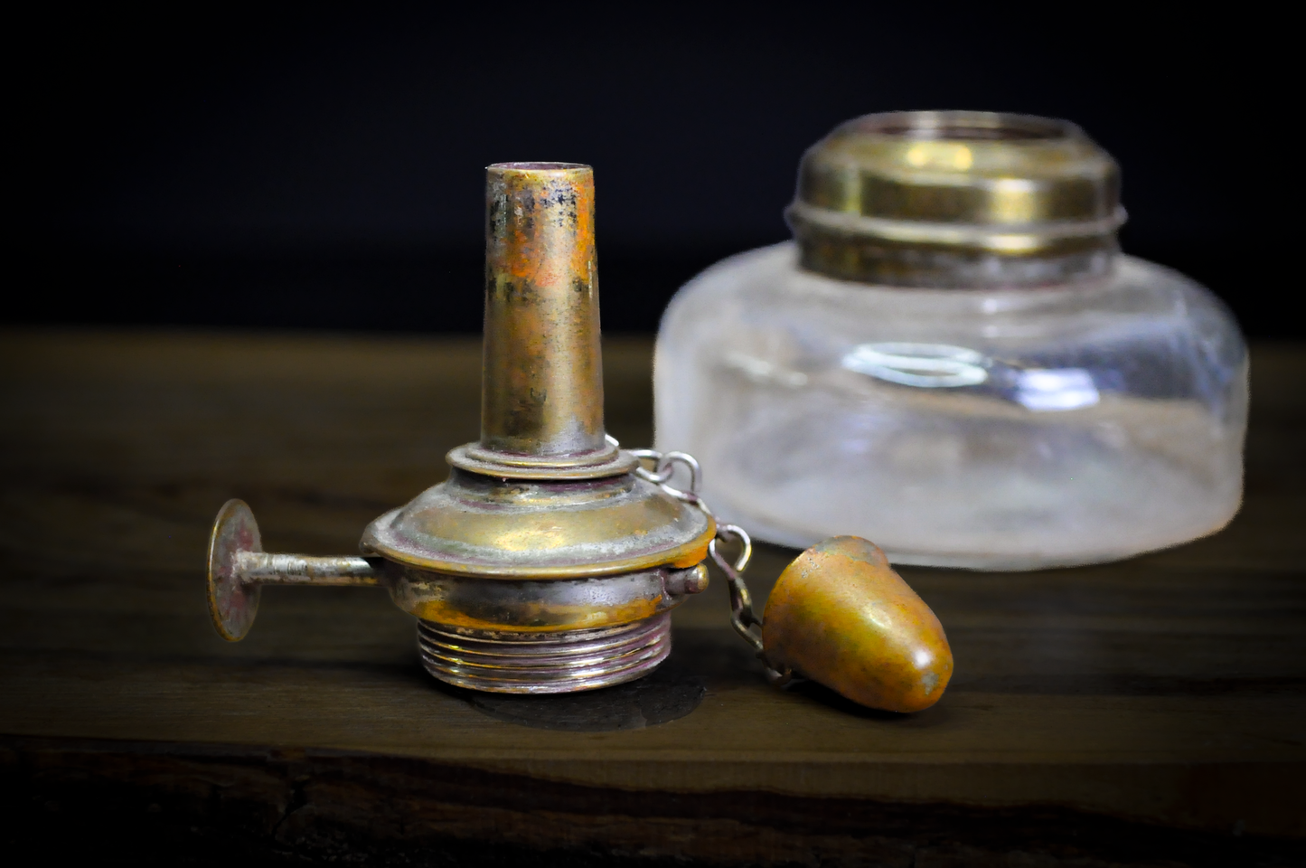Antique Jeweler's Alcohol Spirit Lamp with Brass Burner and Snuffer Cap - Victorian Era Glass Reservoir Spirit Lamp with Attached Brass Snuffer