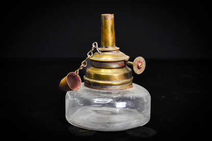 Antique Jeweler's Alcohol Spirit Lamp with Brass Burner and Snuffer Cap - Victorian Era Glass Reservoir Spirit Lamp with Attached Brass Snuffer