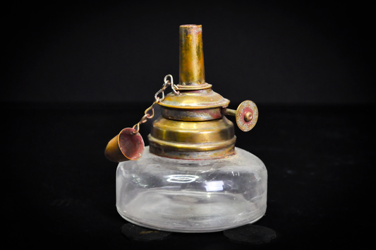 Antique Jeweler's Alcohol Spirit Lamp with Brass Burner and Snuffer Cap - Victorian Era Glass Reservoir Spirit Lamp with Attached Brass Snuffer