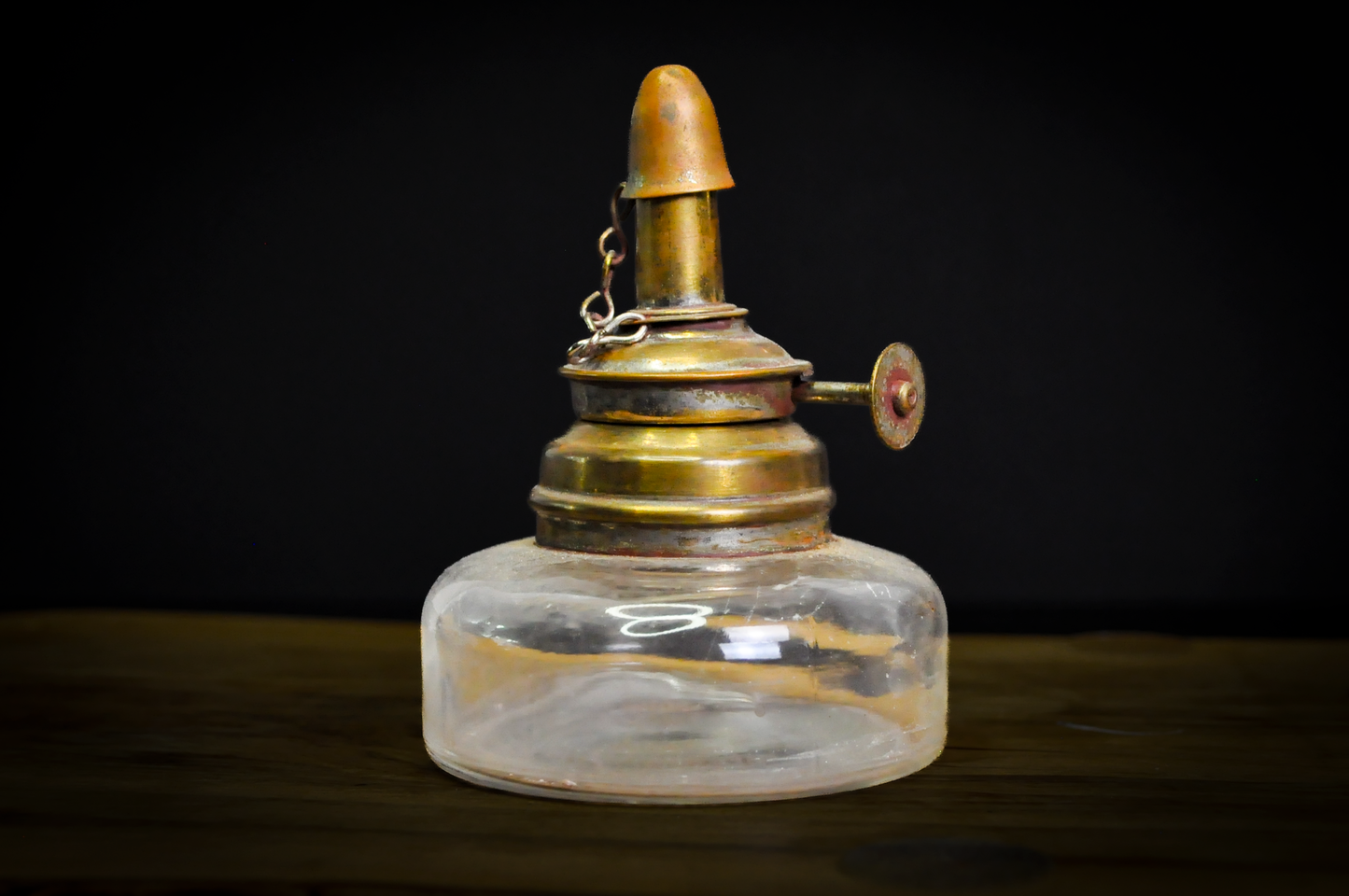 Antique Jeweler's Alcohol Spirit Lamp with Brass Burner and Snuffer Cap - Victorian Era Glass Reservoir Spirit Lamp with Attached Brass Snuffer