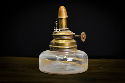 Antique Jeweler's Alcohol Spirit Lamp with Brass Burner and Snuffer Cap - Victorian Era Glass Reservoir Spirit Lamp with Attached Brass Snuffer
