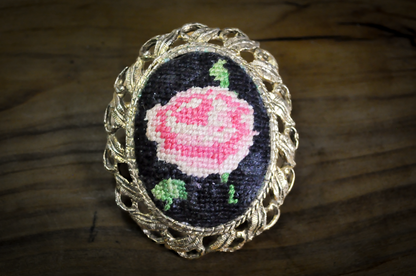 Vintage Petit Point Jewelry Pink Rose Floral Needlework Brooch - Victorian Style Petit Point Rose Pin Gold Filigree Brooch 2-in-1