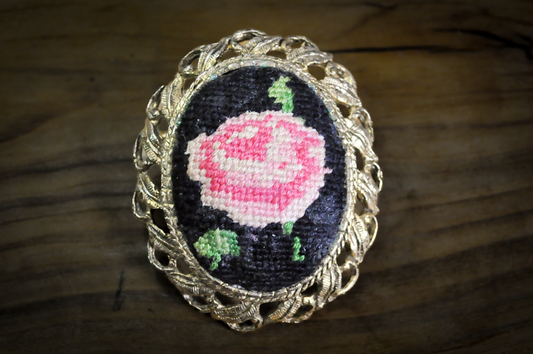 Vintage Petit Point Jewelry Pink Rose Floral Needlework Brooch - Victorian Style Petit Point Rose Pin Gold Filigree Brooch 2-in-1