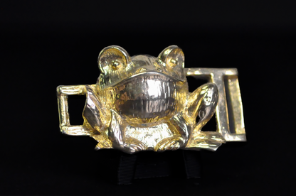 Vintage Double Frog Belt Buck Gold Toned 2 Piece Set Brand TD © - 1980s Gold Toned Frog Interlocking Pair Belt Buckle Set