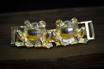 Vintage Double Frog Belt Buck Gold Toned 2 Piece Set Brand TD © - 1980s Gold Toned Frog Interlocking Pair Belt Buckle Set
