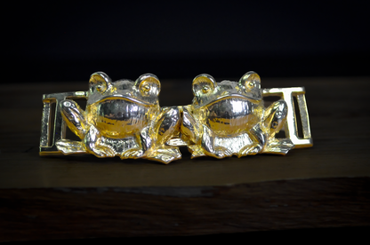Vintage Double Frog Belt Buck Gold Toned 2 Piece Set Brand TD © - 1980s Gold Toned Frog Interlocking Pair Belt Buckle Set