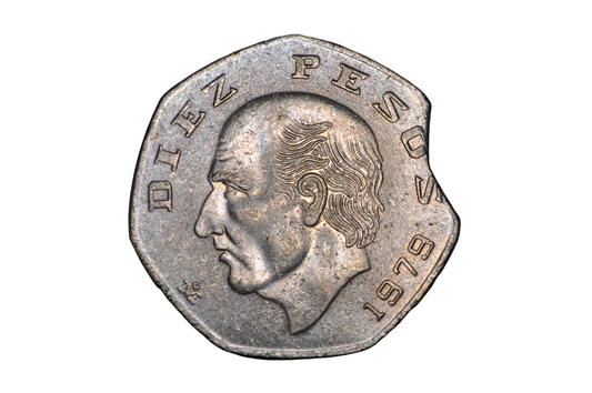1979 Mexico 10 Pesos Minor Curved Clipped Planchet Mint Error - Clipped Planchet Error 1979 Mexico 10 Pesos Coin