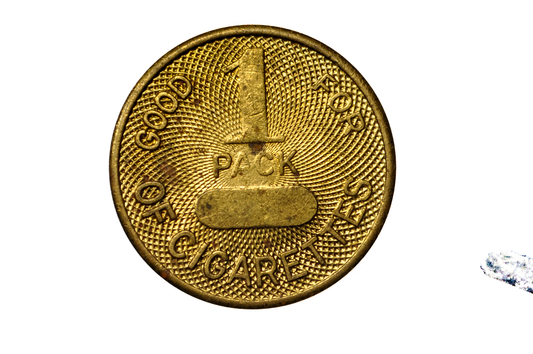 Antique Brass Token Good For 1 Pack of Cigarettes - Trade Token Redeemable For One Pack of Cigarettes