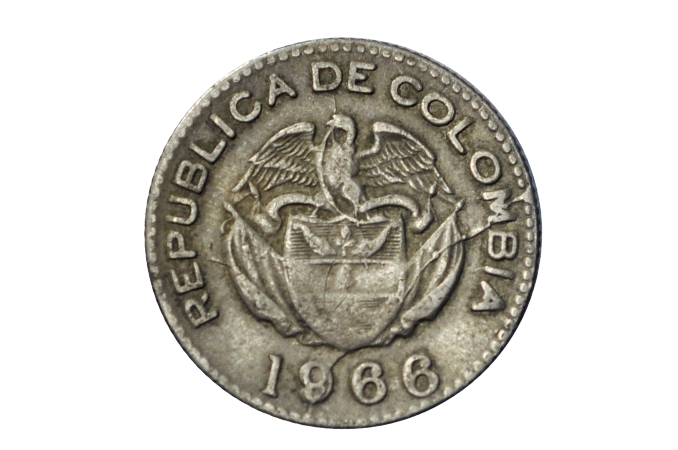 1966 10 Centavos Colombia Error Coin 2 Minor Die Cracks - 10 Centavos 1966 Colombia 2 Die Crack Error Coin