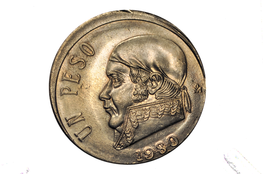 1980 Un Peso Mexico 7% Off Center Strike - One Peso 1980 Mexican Coin 7% off Center Strike Error