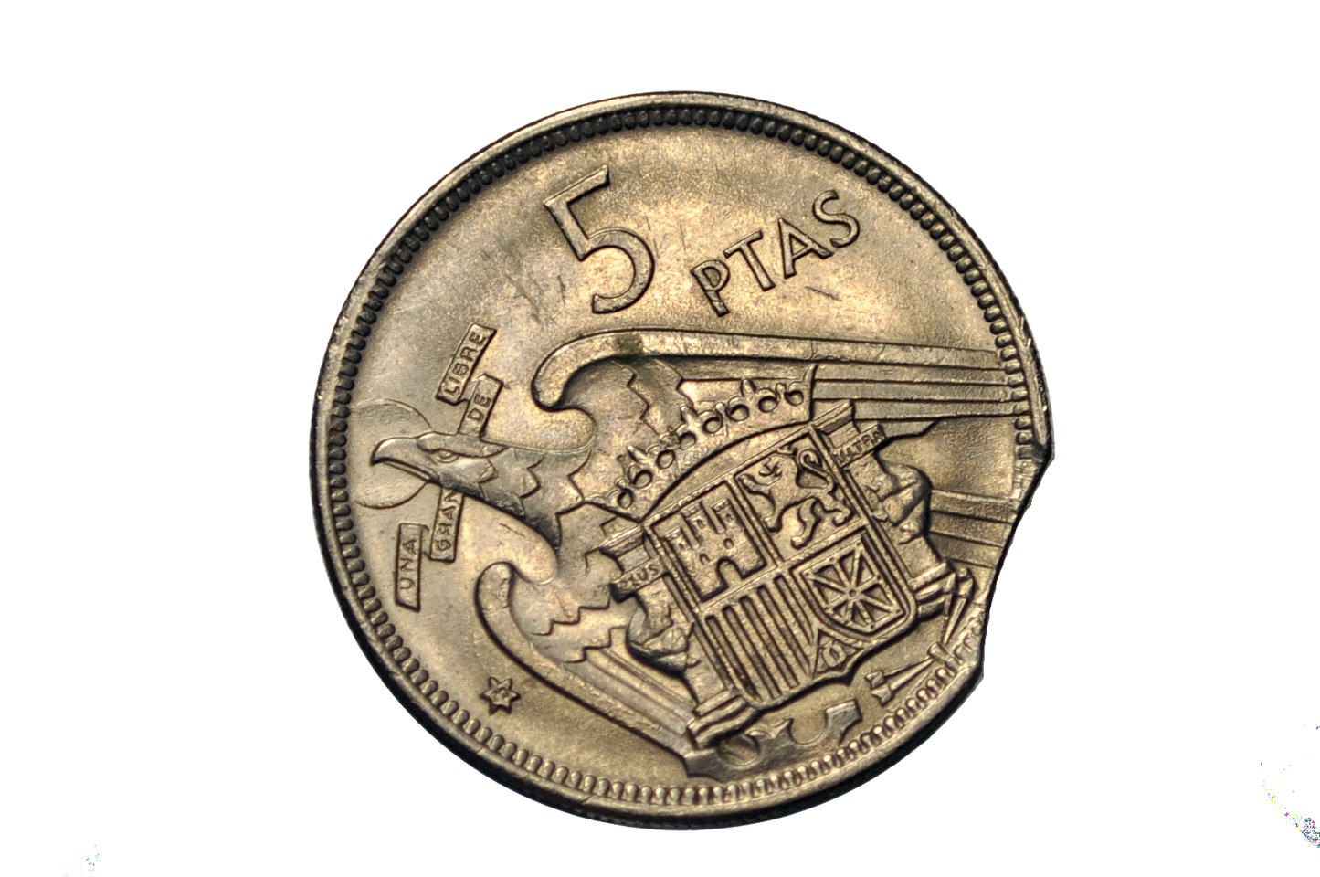 Spain 5 Pesetas 1957 Francisco Franco Minor Planchet Clip Error - 1957 5 Pesetas Minor Curved Planchet Clipped