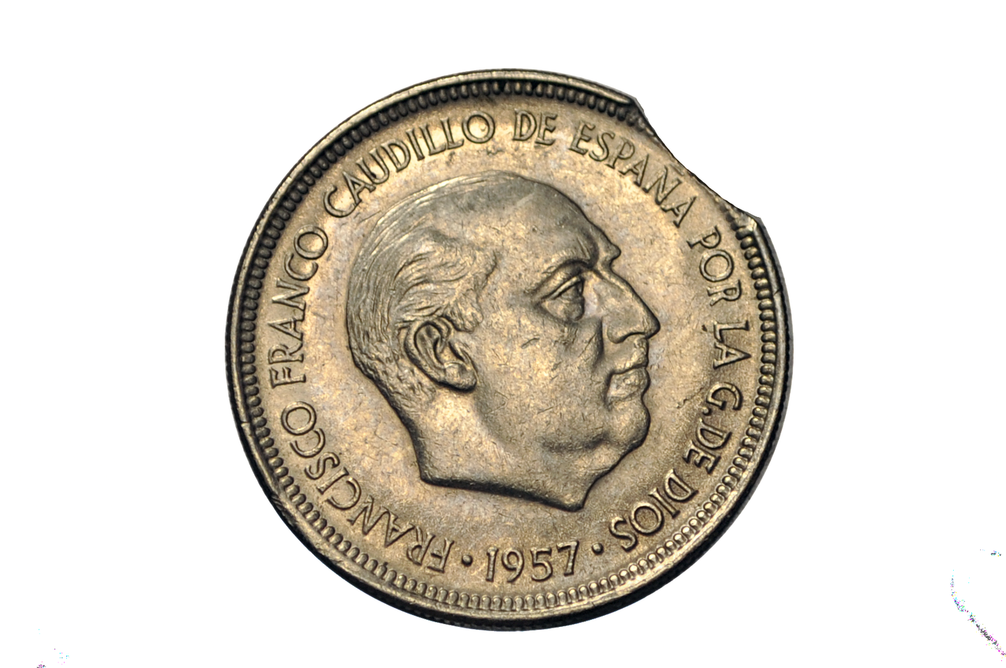 Spain 5 Pesetas 1957 Francisco Franco Minor Planchet Clip Error - 1957 5 Pesetas Minor Curved Planchet Clipped